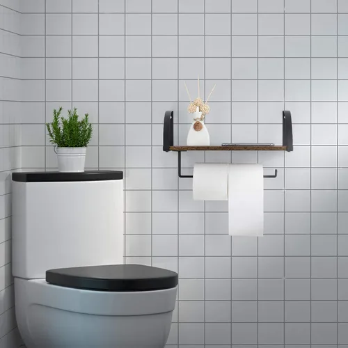 Miniatura 7 de BTY Soporte para toallas de papel con estante, soporte vintage de granja montado en la pared para toallas de papel debajo del gabinete, estante