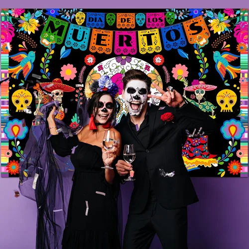 Miniatura 4 de Avezano Telón de fondo del Día de los Muertos, 5 x 3 pies, diseño de calavera de azúcar mexicana, fondo de fotografía de Dia DE Los Muertos