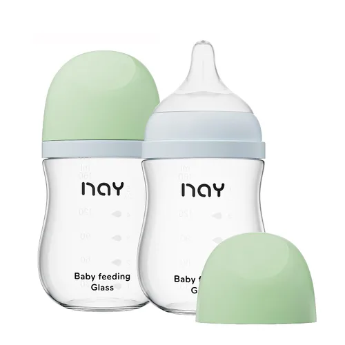 yanyoyo Biberón de vidrio natural de cuello ancho, biberón anticólico, transparente, 159 ml (paquete de 2), incluye 2 piezas de tetina de respuesta
