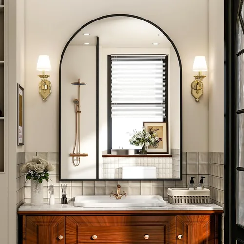 Miniatura 18 de Espejo de Baño con Arco, Espejo de Baño Arqueado de 20x30 pulgadas/Espejo de Tocador Montado en la Pared - Espejo de Pared con Marco de Metal Negro