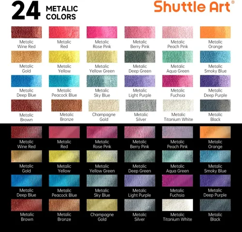 Miniatura 3 de Shuttle Art - Pinturas de acuarela metálicas, 24 colores de pintura de acuarela con purpurina en medias sartenes con pincel de agua, almohadilla