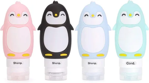 Kit de botellas de viaje con diseño de pingüino lindo tamaño de viaje, 4 colores diferentes con un diseño de pingüino, Paquete de 4, Moderno