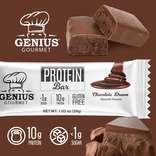 Miniatura 5 de Genius Gourmet Barra de proteínas, sueño de chocolate, aperitivo Keto, bajo en carbohidratos, bajo en azúcar y sin gluten, aperitivos de proteínas