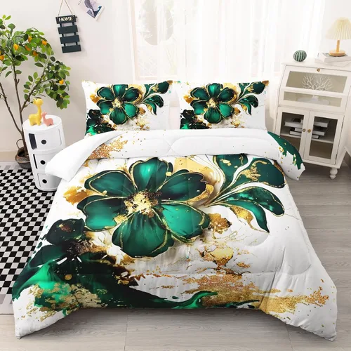 AILONEN Juego de ropa de cama de mármol tamaño individual, juego de edredón floral dorado y verde, juegos de edredón de mármol para niños y niñas,