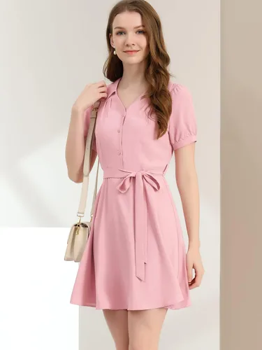 Miniatura 2 de Allegra K Vestido de mujer con cuello en V y manga corta abombada, cuello vuelto, Rosado