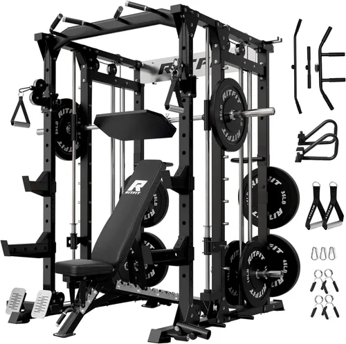 RitFit Máquina Buffalo Smith, jaula eléctrica con sistema LAT-Pull Down y sistema de cruce de cables, estante de sentadillas todo en uno para Negro