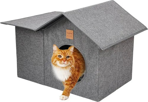 Miniatura 7 de Casa para gatos al aire libre, resistente a la intemperie, con dosel, refugio exterior para gatos, cubierta de techo y soporte elevado, casa