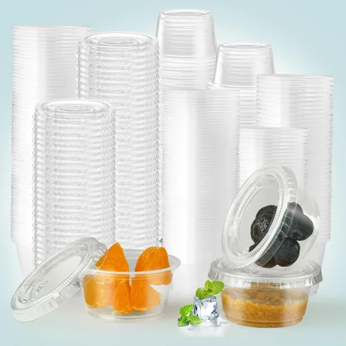 Miniatura 14 de 240 tazas pequeñas de plástico transparente para condimentos con tapas, recipientes de porciones de 1 oz, ideales para condimentos, aderezos