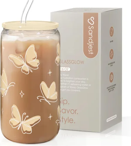 Miniatura 11 de SANDJEST Vaso de Vidrio con Margaritas en Patrón de Tablero de Ajedrez, Taza Floral a Cuadros con Tapa y Pajita, Tazas Estéticas de Café Helado
