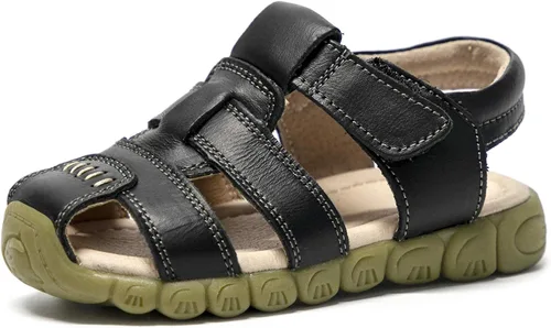 Athlefit Sandalias de cuero para niños y niñas, con puntera cerrada, sandalias de cuero para deportes al aire libre, sandalias casuales, 0 Toddler