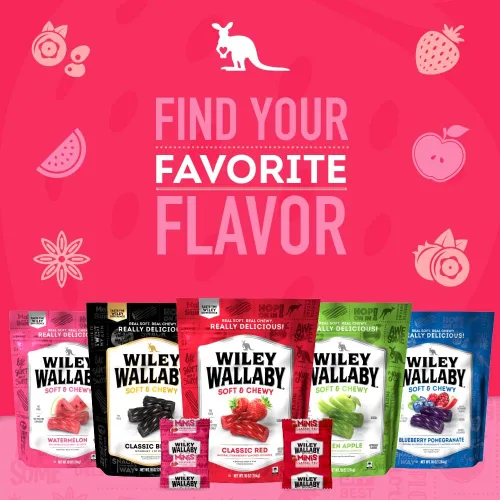 Miniatura 7 de Bolas de regaliz clásico Wiley Wallaby Mini, 0.5 onzas, regaliz suave y masticable gourmet estilo australiano clásico rojo, paquete de 40 bolsas