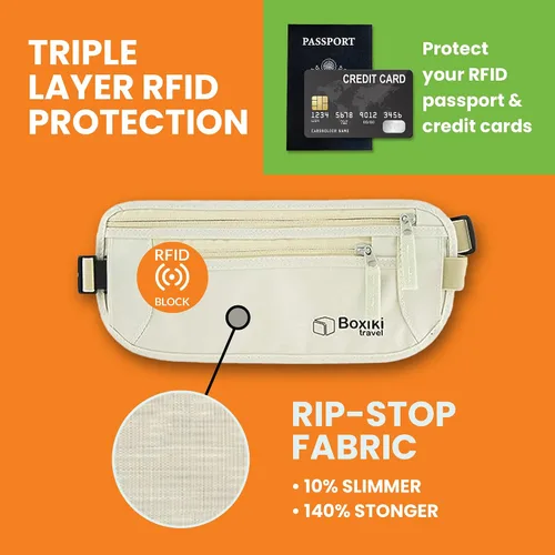 Miniatura 9 de Boxiki Travel - Cinturón de dinero para viajes para hombres y mujeres oculto, cinturón de dinero con bloqueo RFID y bolsa de cintura segura