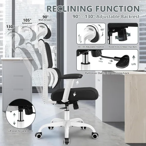 Miniatura 6 de Winrise Silla de oficina y juegos, silla de escritorio ergonómica reclinable con respaldo alto, grande y alta, cómoda oficina en casa, malla Blanco
