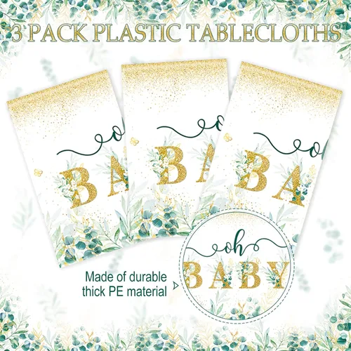 Miniatura 3 de Tiamon Mantel de 3 piezas de verde salvia para baby shower, 108 x 54 pulgadas, desechable, hojas de eucalipto, mantel rectangular de plástico verde