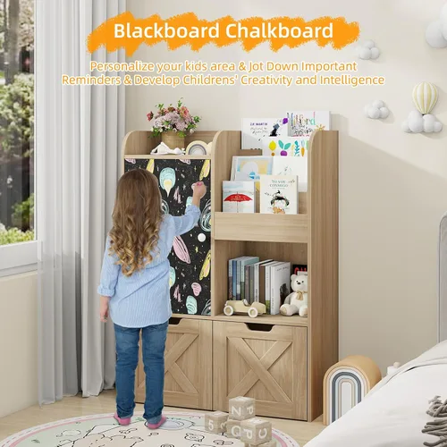Miniatura 6 de Organizador de almacenamiento de juguetes para niños con rincón de lectura, estantería de madera para niños con pizarra y 2 cajones móviles, Roble