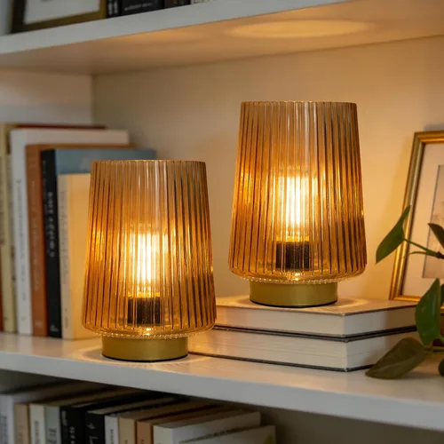 Miniatura 5 de Lámpara a pilas con temporizador, juego de 2 pequeñas y acogedoras lámparas de mesa decorativas de vidrio ambiental para mesita de noche y Ámbar