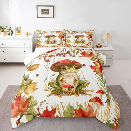 Castle Fairy Juego de edredón de hongos, tamaño individual, lindo juego de ropa de cama de hojas de palma de rana y 2 piezas para decoración de