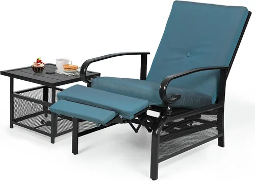 Miniatura 12 de Oakcloud Sillón Ajustable para Exteriores Silla Reclinable Relajante de Metal para Patio con Cojines Extraíbles (Azul Pavo Real)