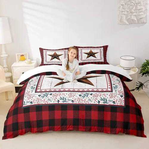 Miniatura 23 de Juego de funda de edredón para niños con diseño de Navidad, tamaño individual, camiones rojos y árboles de pino con copos de nieve, decoración