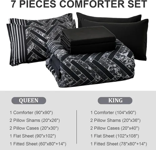 Miniatura 6 de Luxudecor Juego de Edredón Negro Tamaño King, 7 Piezas Cama en una Bolsa de Rayas Geométricas, Juego de Edredón Geométrico y Sábanas, Juego Completo