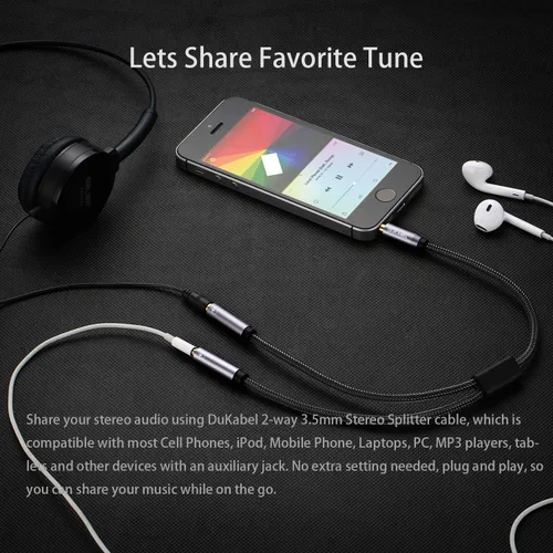 Miniatura 2 de DUKABEL Divisor de auriculares, resistente trenzado y chapado en oro de 0.138 in de audio estéreo en Y, cable divisor en Y de 4 polos macho a 2