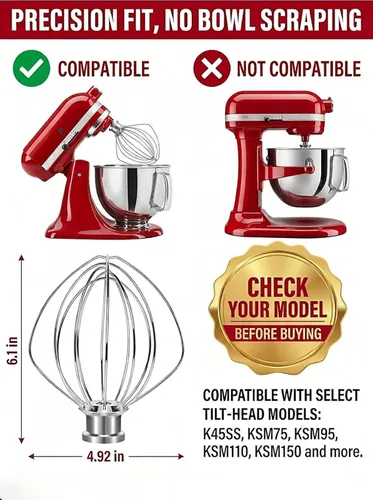 Miniatura 4 de Accesorio de batidor de 6 alambres compatible con batidora de pie KitchenAid de cabezal inclinable, reemplaza K45WW, acero inoxidable, batidor