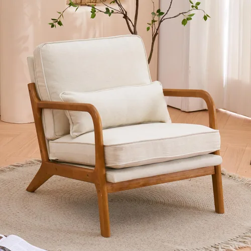 Sillas decorativas modernas de mediados de siglo, sillón de lectura individual de lino con marco de madera maciza, sillones de fácil montaje para