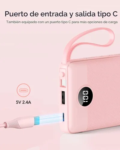 Miniatura 3 de VRURC Cargador portátil, batería de viaje compacta con 4 cables integrados de 10000 mAh, banco de carga USB C con pantalla LED, batería de viaje
