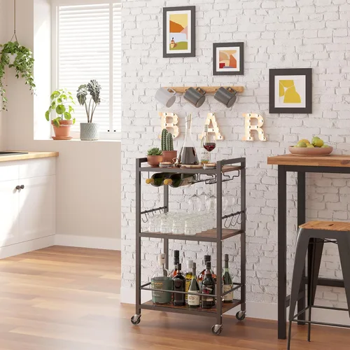 Miniatura 3 de TUTOTAK Carrito de bar, carrito de servicio para bar doméstico, carrito para microondas, carrito de bebidas, estante de cocina móvil con botellero