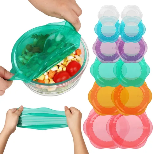 Miniatura 10 de Tapas elásticas de silicona para almacenamiento de alimentos en el refrigerador, fundas elásticas reutilizables para tazones, tazas, latas, frascos