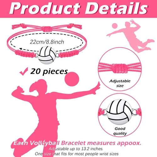 Miniatura 44 de 20 pulseras de voleibol ajustables, cuerda trenzada con dije de voleibol para niñas, mujeres, hombres, adolescentes, la mayoría de jugadores