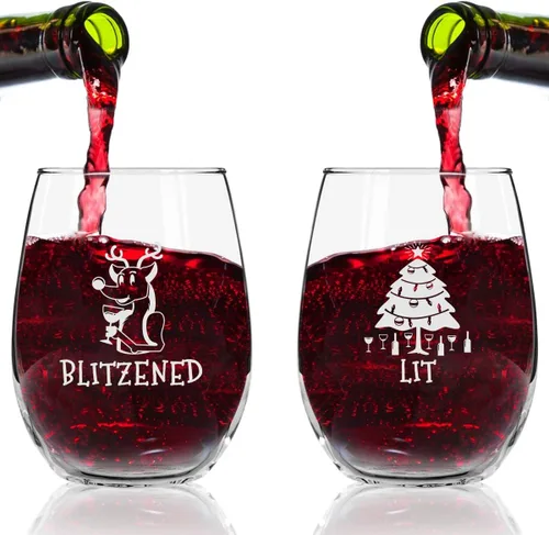 Miniatura 4 de Drunk Christmas - Juego de 4 copas de vino divertidas sin tallo Divertidas copas de vino temáticas de Navidad para fiestas de vacaciones 4