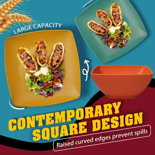 Miniatura 5 de Teivio Juego de vajilla cuadrada de paja de trigo de plástico de 32 piezas para 8, platos de cena irrompibles, platos de ensalada, cuencos de Otoño