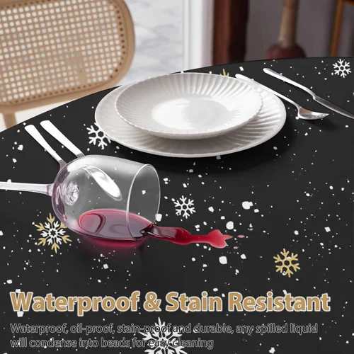 Miniatura 3 de Mantel redondo negro de Navidad, impermeable y resistente a las manchas, mantel lavable sin arrugas para comedor, fiesta, boda, muñeco de nieve