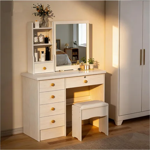 Miniatura 12 de Pequeño escritorio de maquillaje con espejo LED deslizante y almacenamiento oculto, juego de mesa de tocador con cajón de almacenamiento y silla