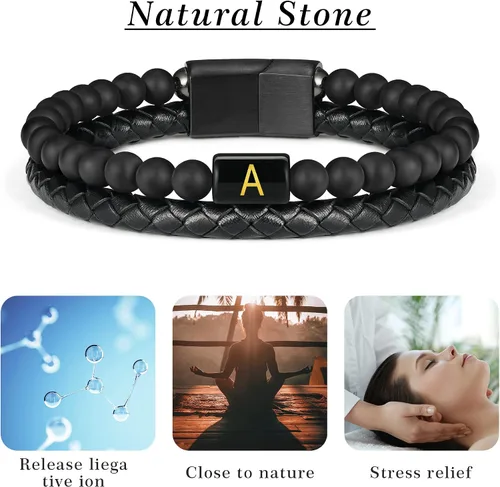 Miniatura 7 de Layered Leather Beads Initial Bracelets for Men, Braided Leather Natural Stone Bracelets for Men with Magnetic Clasp Mens Leather Beaded Bracelets