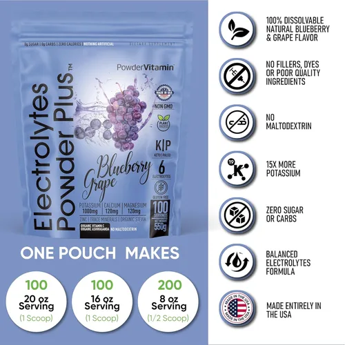 Miniatura 3 de Electrolitos Powder Plus (100 porciones) Polvo de electrolitos de Arándano y Uva Sin Azúcar, Keto, 0 azúcar, Sin Maltodextrina, 1000 mg de potasio