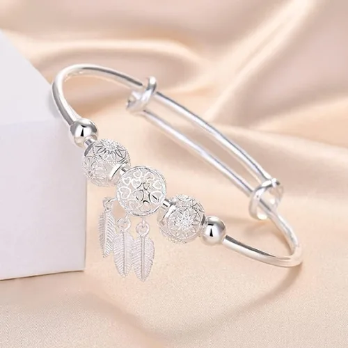 Miniatura 4 de Harlorki Pulsera ajustable para mujer con colgante de hoja de bola de la suerte 925 chapada en plata