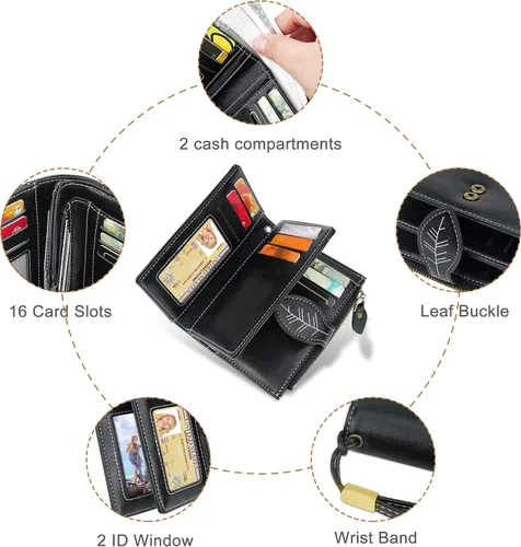 Miniatura 6 de CONISY Cartera pequeña para mujer, billetera compacta de cuero plegable con pulsera RFID bloqueo para mujer (negro)