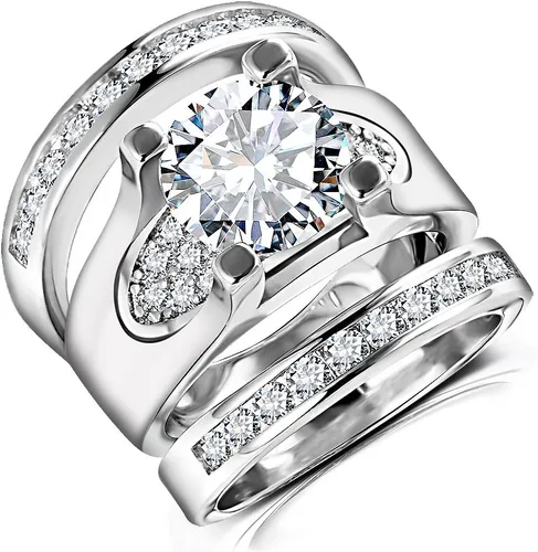 Miniatura 3 de Juego de 3 piezas de anillos de boda de compromiso de circonita cúbica de corte redondo de 5.56 quilates para mujer