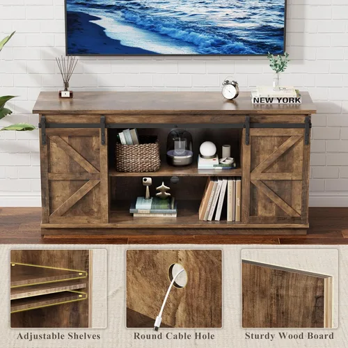 Miniatura 6 de YESHOMY - Soporte de TV para televisores de hasta 65 pulgadas, con puertas corredizas estilo granja y gabinetes de almacenamiento, mesa consola