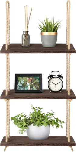 Mkono Estantes colgantes de madera rústica de 3 niveles, estantes flotantes de pared para plantas de fotos, estante de almacenamiento colgante,