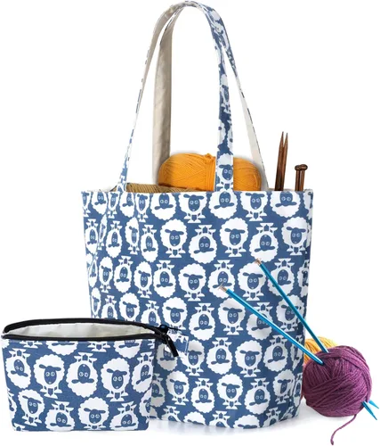 Yarwo - Bolsa de tejer con pequeña bolsa con cremallera, bolsa de tela para agujas de tejer, madejas de hilo y suministros de manualidades para