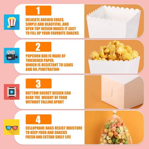 Miniatura 3 de Zopeal - Juego de 400 mini cajas de palomitas de maíz y bolsa transparente, bolsas de palomitas de maíz a granel, recipientes de papel abiertos