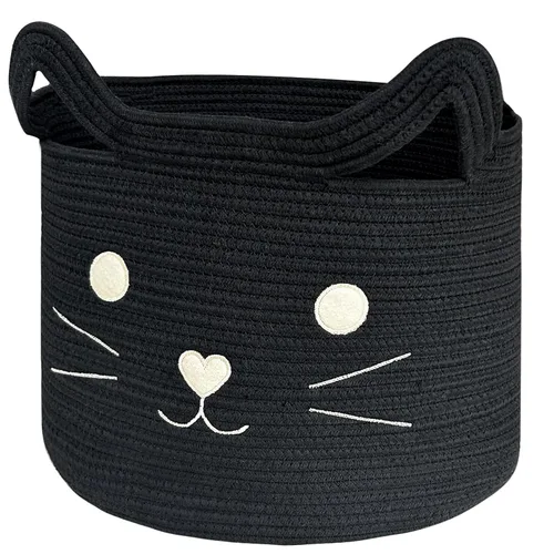 VK VK·LIVING Cesta Grande de Juguetes para Gatos con Asas 15" L x 14" H Caja de Juguetes de Cuerda de Algodón con Diseño de Gato Negro, Cesta de