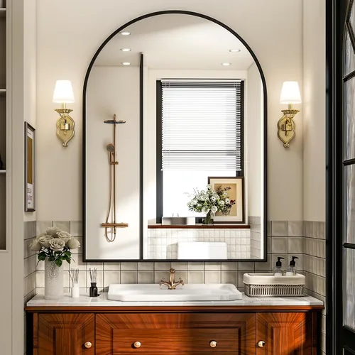 Miniatura 11 de Espejo de Baño con Arco, Espejo de Baño Arqueado de 20x30 pulgadas/Espejo de Tocador Montado en la Pared - Espejo de Pared con Marco de Metal Negro