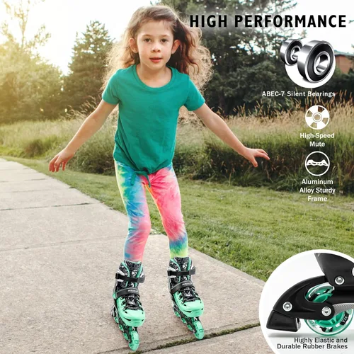 Miniatura 3 de Kuxuan - Patines en línea ajustables para niños, jóvenes y adultos, patines iluminadores con ruedas iluminadas Verde