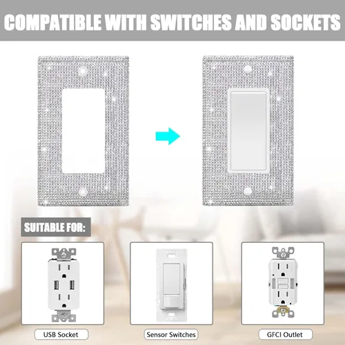 Miniatura 3 de Placa de pared para interruptor de diamantes de imitación brillantes plateados, cubiertas para interruptor de luz de palanca de doble banda