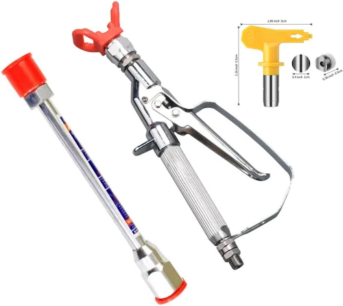 Pistola de pintura sin aire, pistola de pulverización de celda en línea 3600PSI con punta 517 y poste de extensión de 10 pulgadas, color plateado