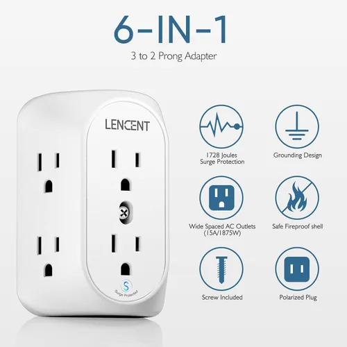 Miniatura 2 de LENCENT Regleta de alimentación con protector de sobretensiones de 2 clavijas, adaptador de toma de tierra de 2 clavijas a 3 puntas, toma